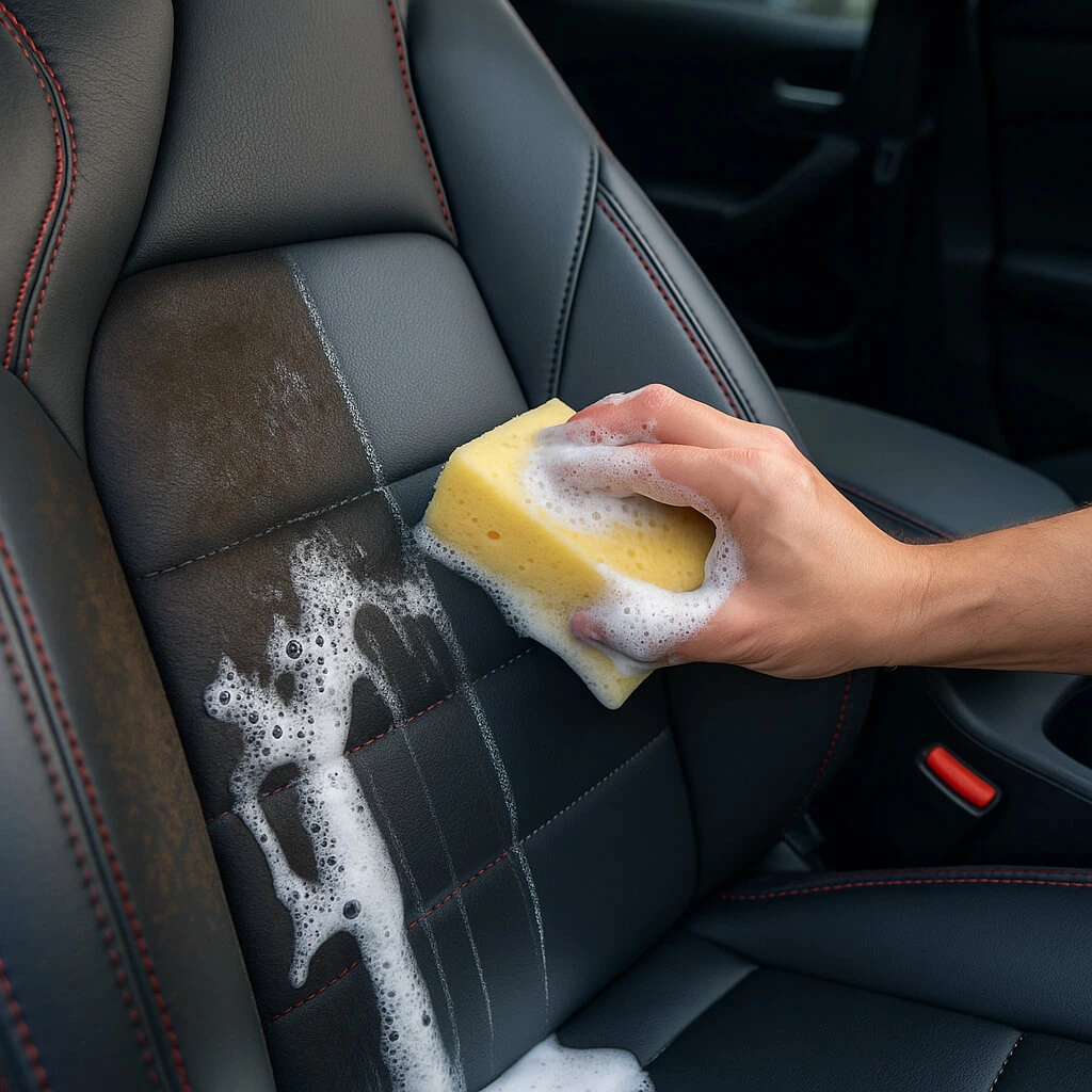 Lederreinigung im Auto mit PowerClean Spezialreiniger – gelber Schwamm erzeugt Schaum